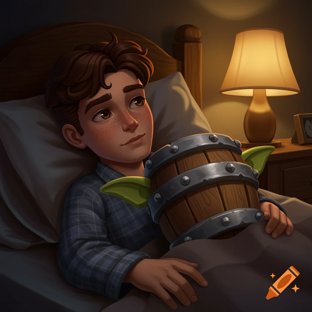 A cartoonish illustration of a teenage boy with freckles in blue plaid pajamas, lying in bed, cuddling a wooden goblin barrel.