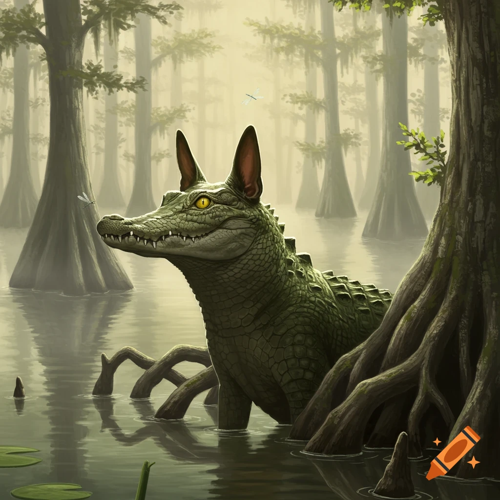 A green alligator-dog hybrid creature stands in a misty swamp among cypress trees with dragonflies.