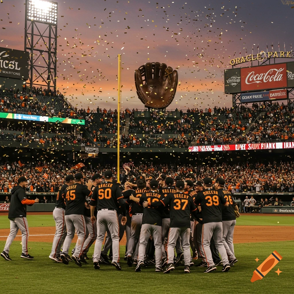 Photorealistic image of San Francisco Giants players celebrating in a huddle on the field at Oracle Park, with confetti falling and a sunset sky.