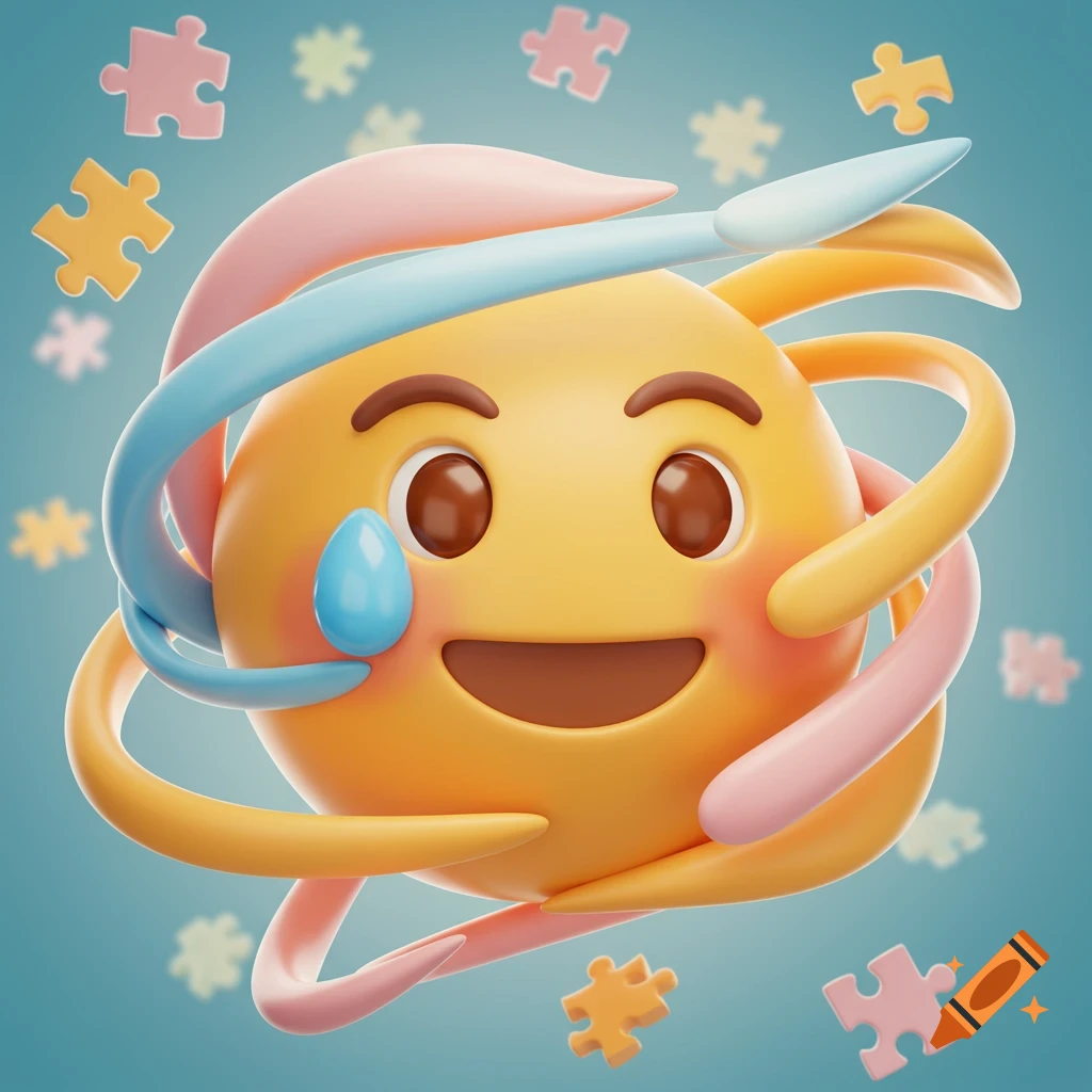 A 3D rendered yellow emoji with a blue teardrop under its eye, surrounded by pink and blue flowing ribbons and scattered pastel puzzle pieces.