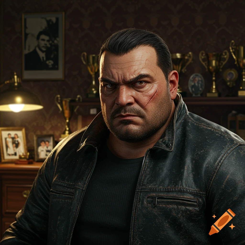 A stern-looking man with scars on his face, wearing a black leather jacket, in an office with trophies and framed photos, photorealistic style.