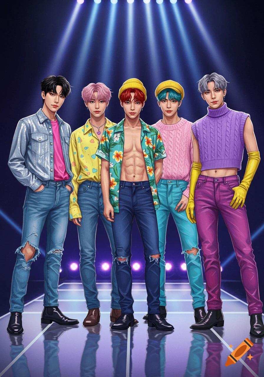 Illustration of a K-Pop boy group standing on a stage under bright lights. Each member has colorful hair and a unique, vibrant outfit.
