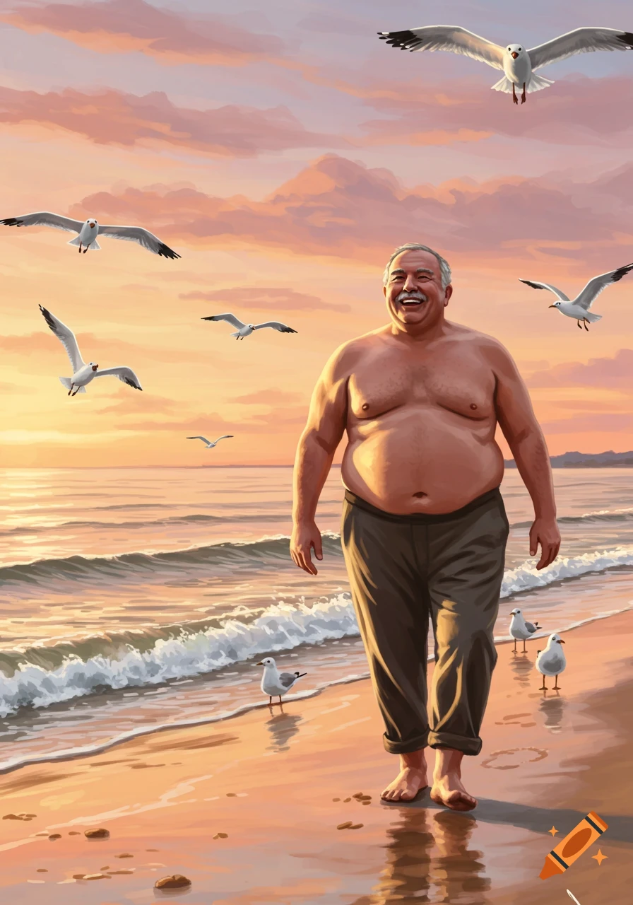 Digital painting of a shirtless, chubby older man walking along a beach at sunset, with seagulls flying and on the sand.