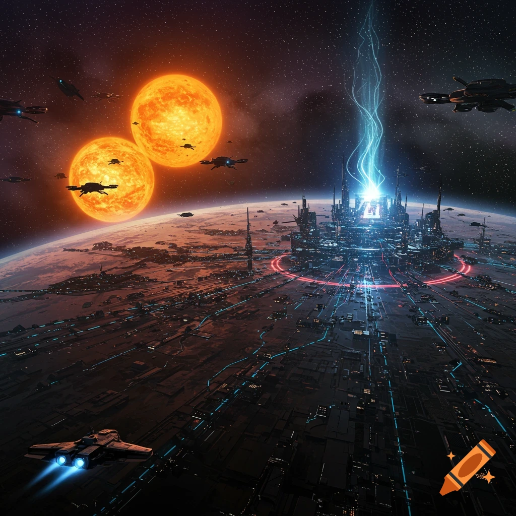 A sci-fi planet taken over by an AI civilization, featuring a vast illuminated city, two suns, and spaceships in orbit.
