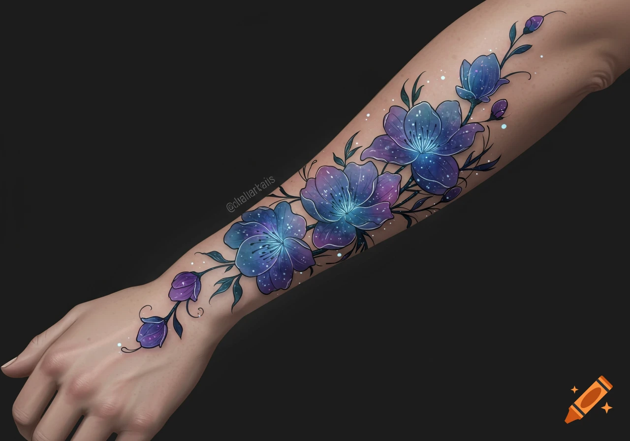 A forearm with a vibrant tattoo of blue and purple flowers with a galaxy pattern, set against a dark background.