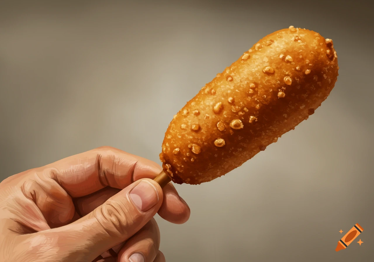 A digitally painted image of a hand holding a corndog on a stick against a neutral background.