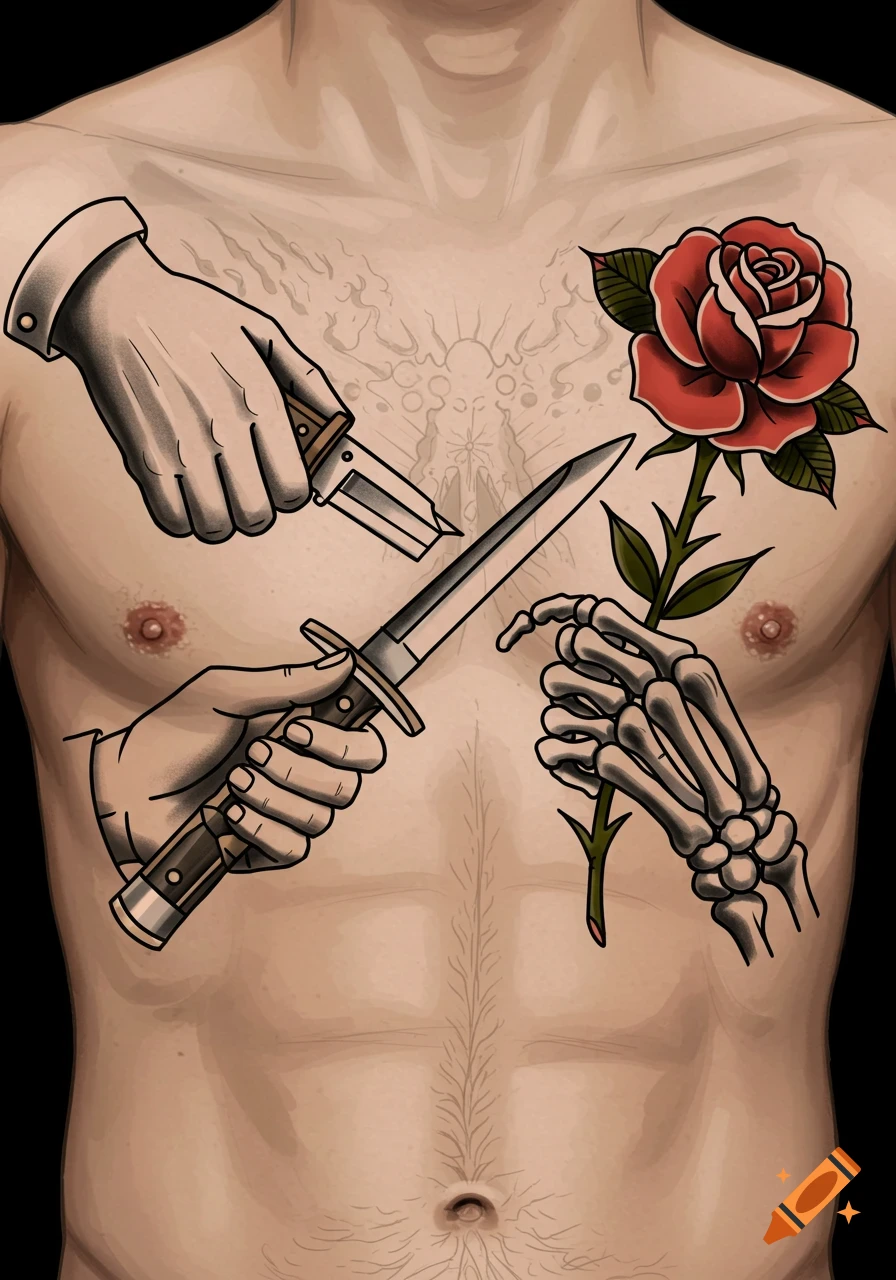A stylized American traditional tattoo on a male chest featuring a human hand with a switchblade intersecting a skeleton hand with a rose.