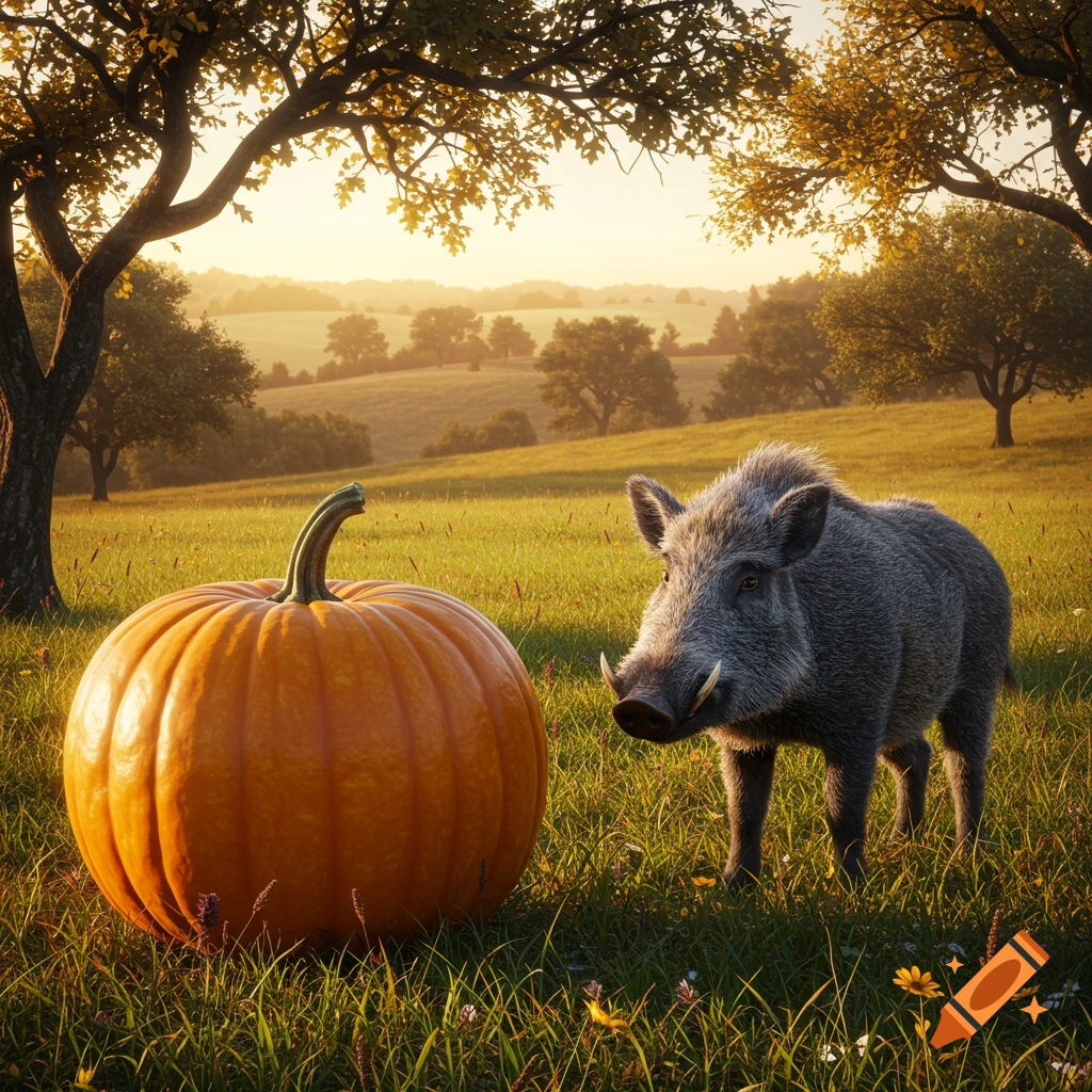 A large orange pumpkin next to a wild boar in a sunny green field with trees in the background.