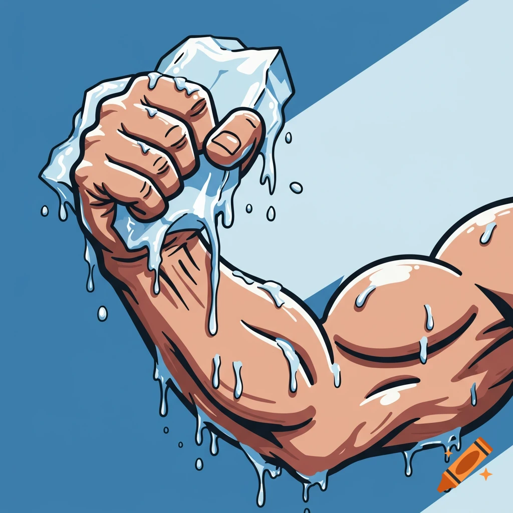 Graphic illustration of a muscular forearm flexing and gripping a melting ice block, with water dripping down.