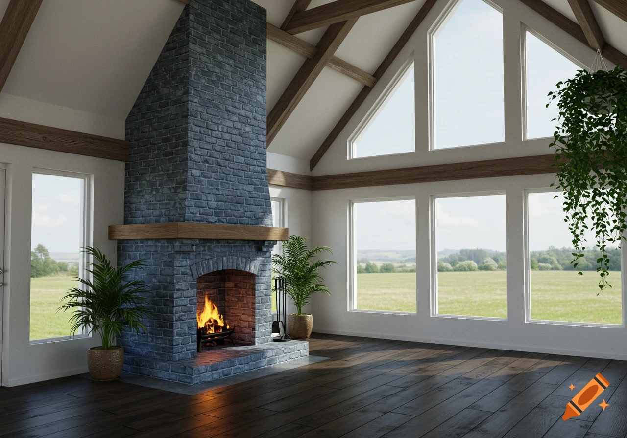 Spacious farm-style living room with a large blue brick fireplace, vaulted ceilings, and large windows overlooking a green field.