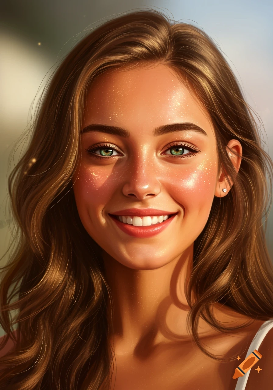 Close-up photorealistic portrait of a young woman with long brown hair, green eyes, and a radiant smile, with glowing, sparkling skin.