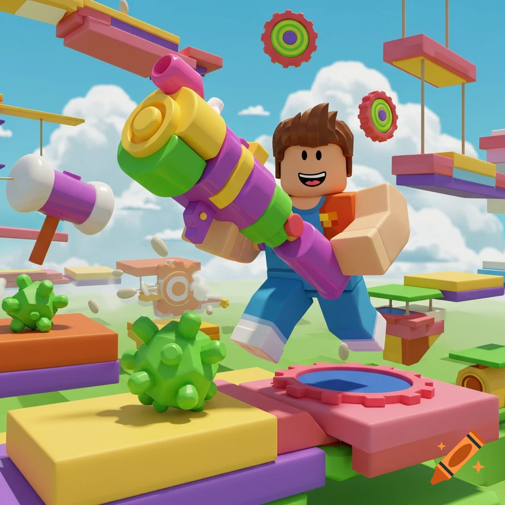 A cartoonish 3D Roblox character jumps on a colorful obstacle course, holding a large toy water gun.