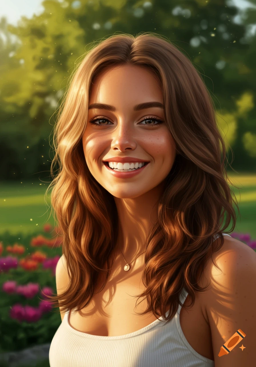 A close-up portrait of a smiling young woman with long brown hair, wearing a white tank top, outdoors in a sunlit garden with flowers.