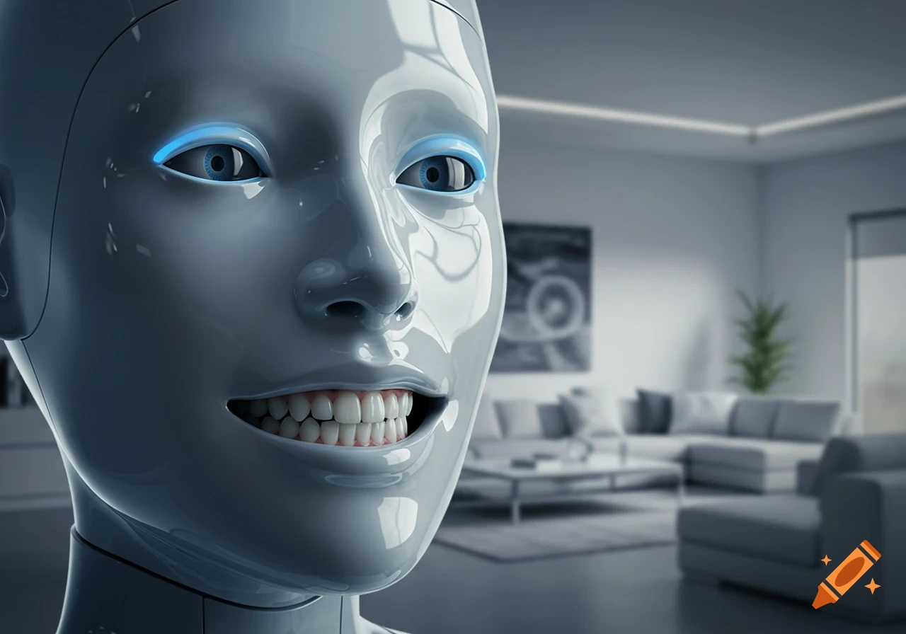 Photorealistic close-up of a smiling humanoid robot with glowing blue eyes and prominent teeth, in a modern living room.