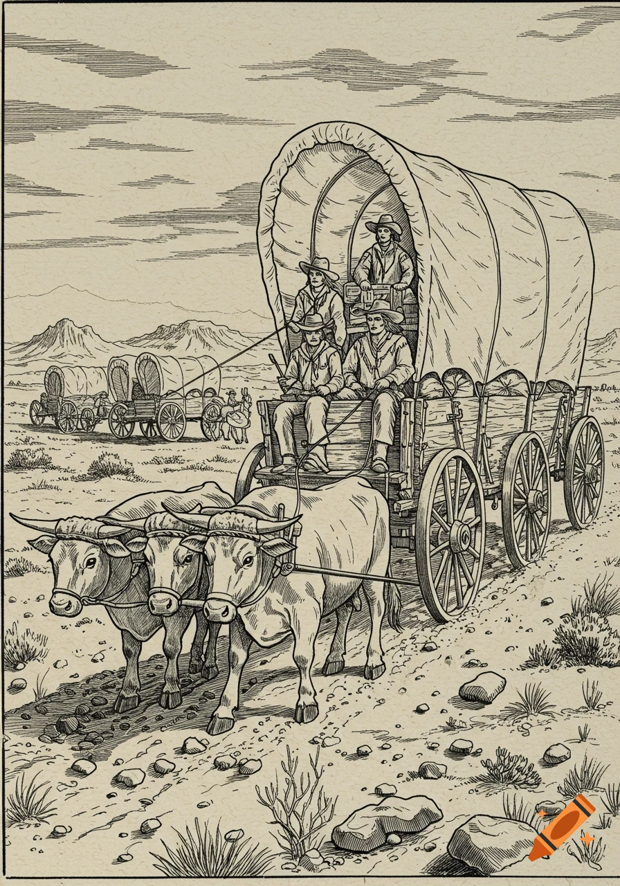 A wagon train of pioneers pulled by oxen, rendered in a detailed line art engraving style, traversing a vast, open landscape.