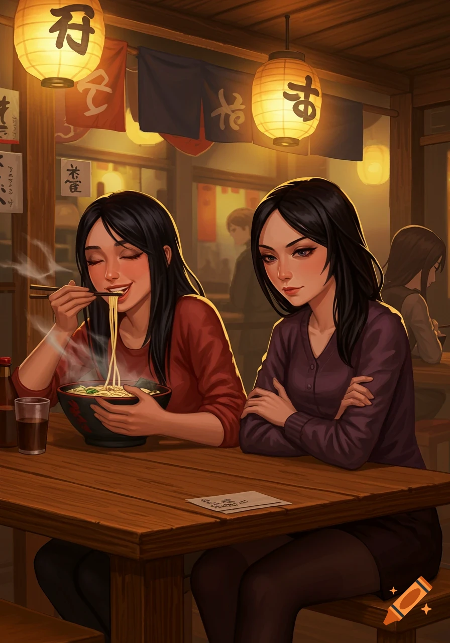 Two anime-style women in a dimly lit ramen shop. One happily slurps noodles from a bowl, while the other sits beside her with crossed arms, looking envious.