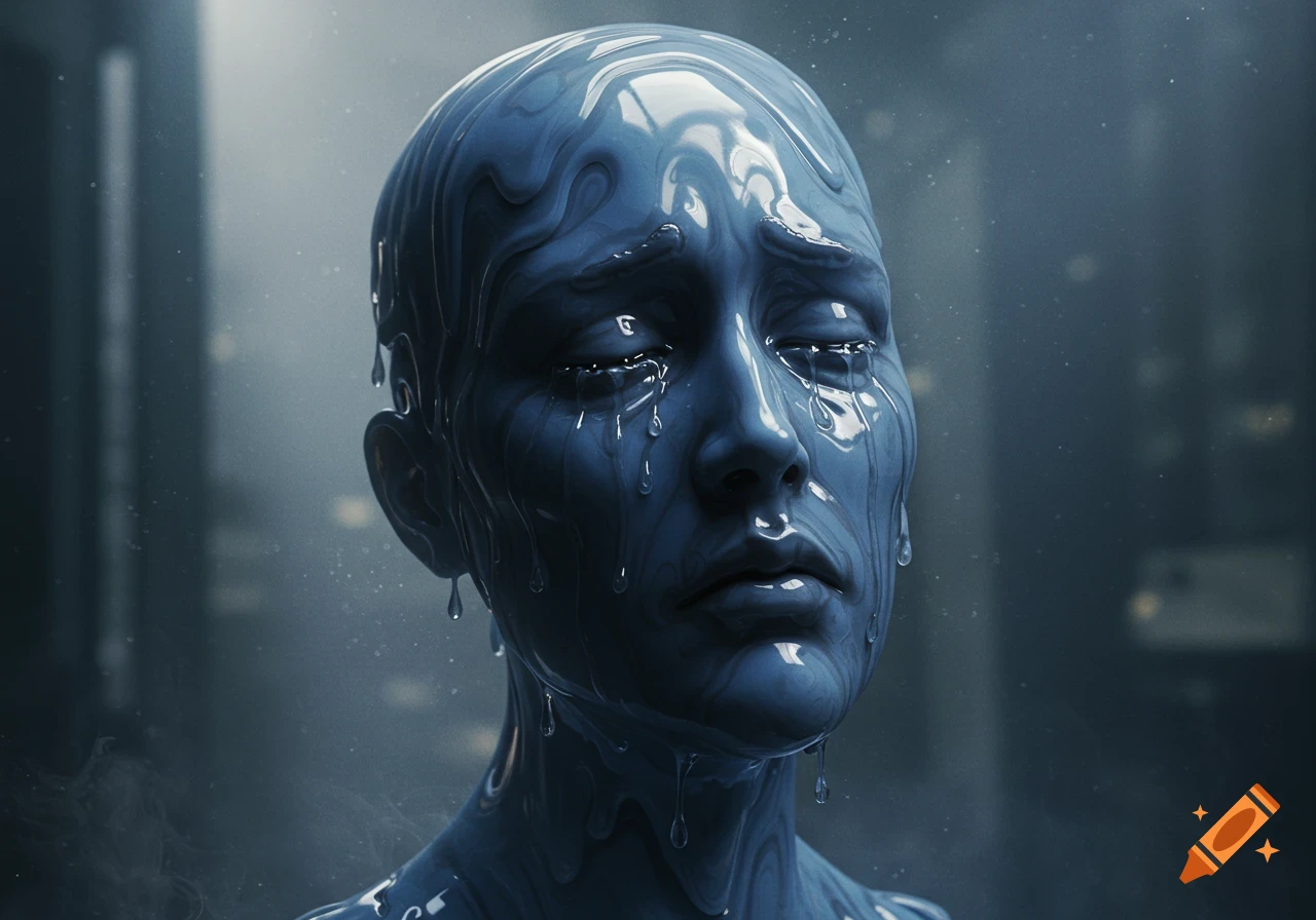 A close-up of a sorrowful face made of melting blue liquid, with tears dripping, against a blurred dark background.