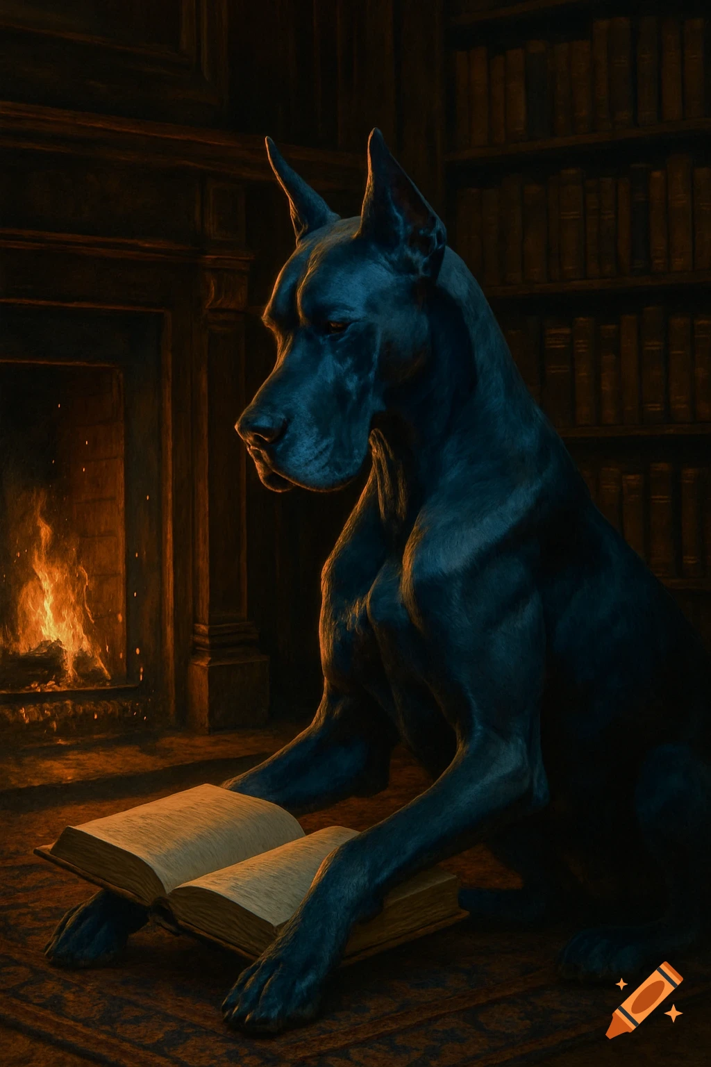 A blue Great Dane sits by a warm fireplace in a library, looking at an open book, lit by firelight.
