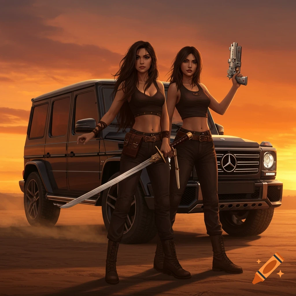 Two women in tactical gear stand in a desert landscape at sunset, one holding a sword, the other a gun, with a black SUV behind them.
