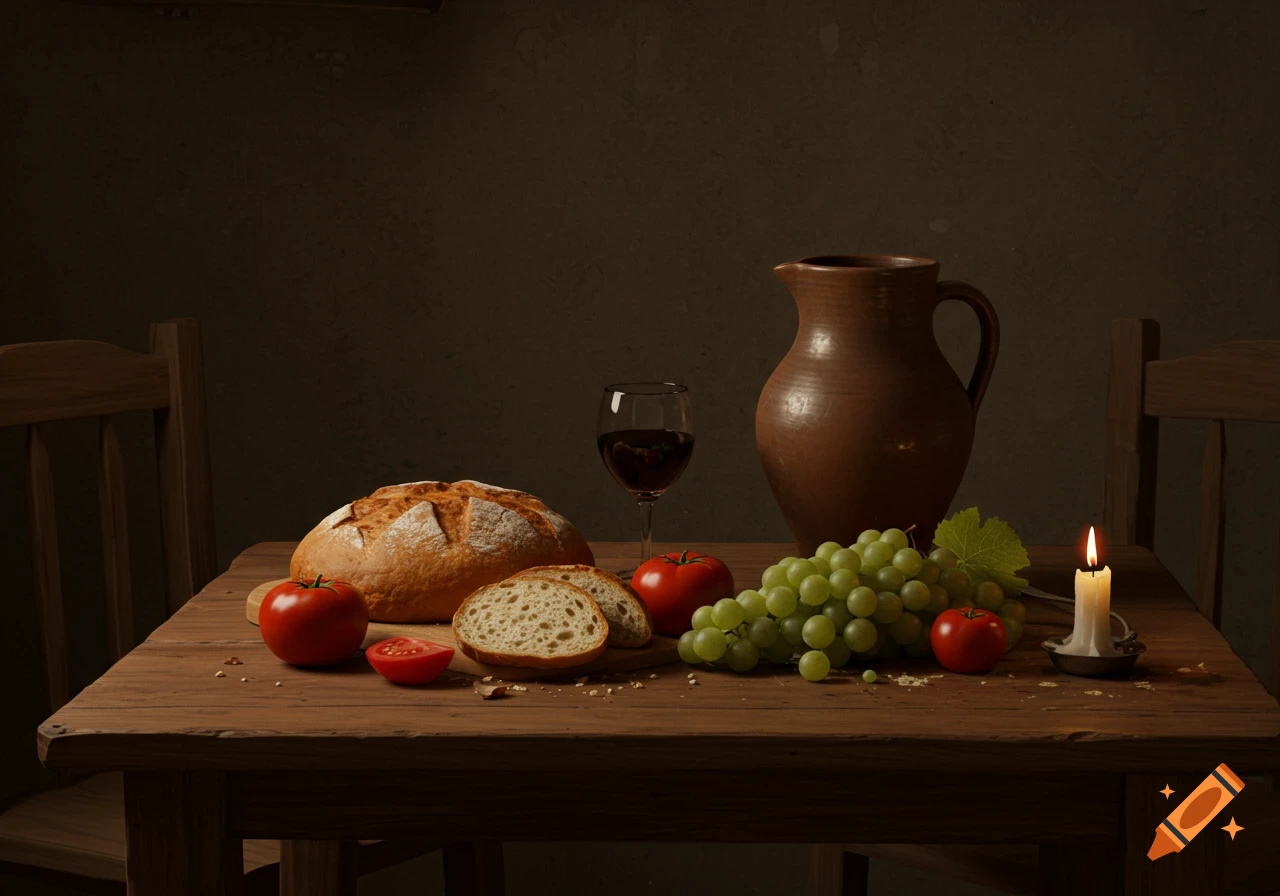 A photorealistic still life of bread, tomatoes, green grapes, wine, and a lit candle on a rustic wooden table.