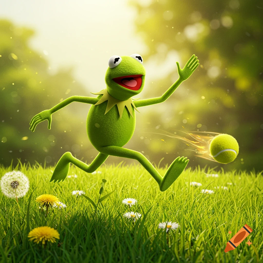 Kermit the Frog runs in a sunny green field, reaching for a tennis ball with motion blur, photorealistic style.
