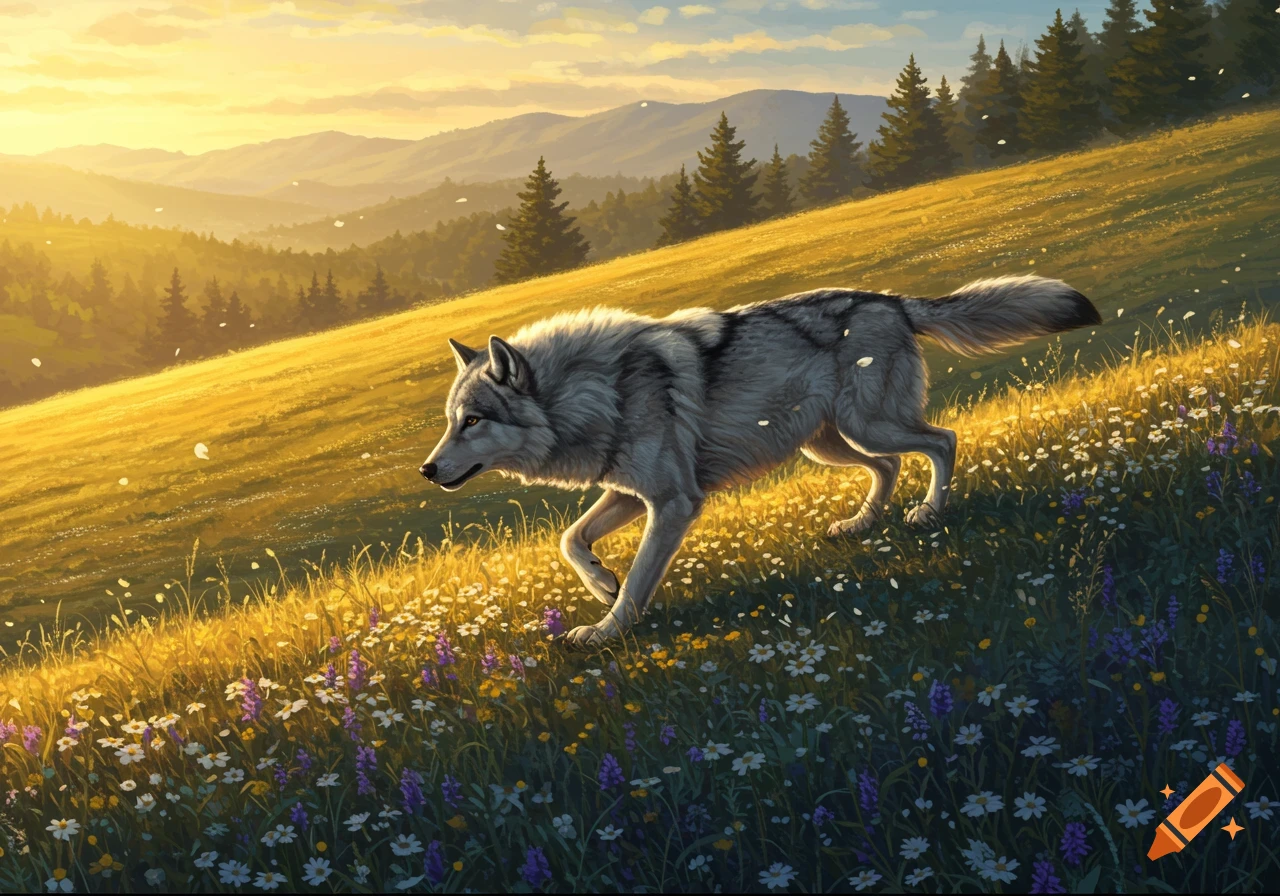 A gray wolf walks through a sunlit field with wildflowers, with mountains and pine trees in the background at sunset.