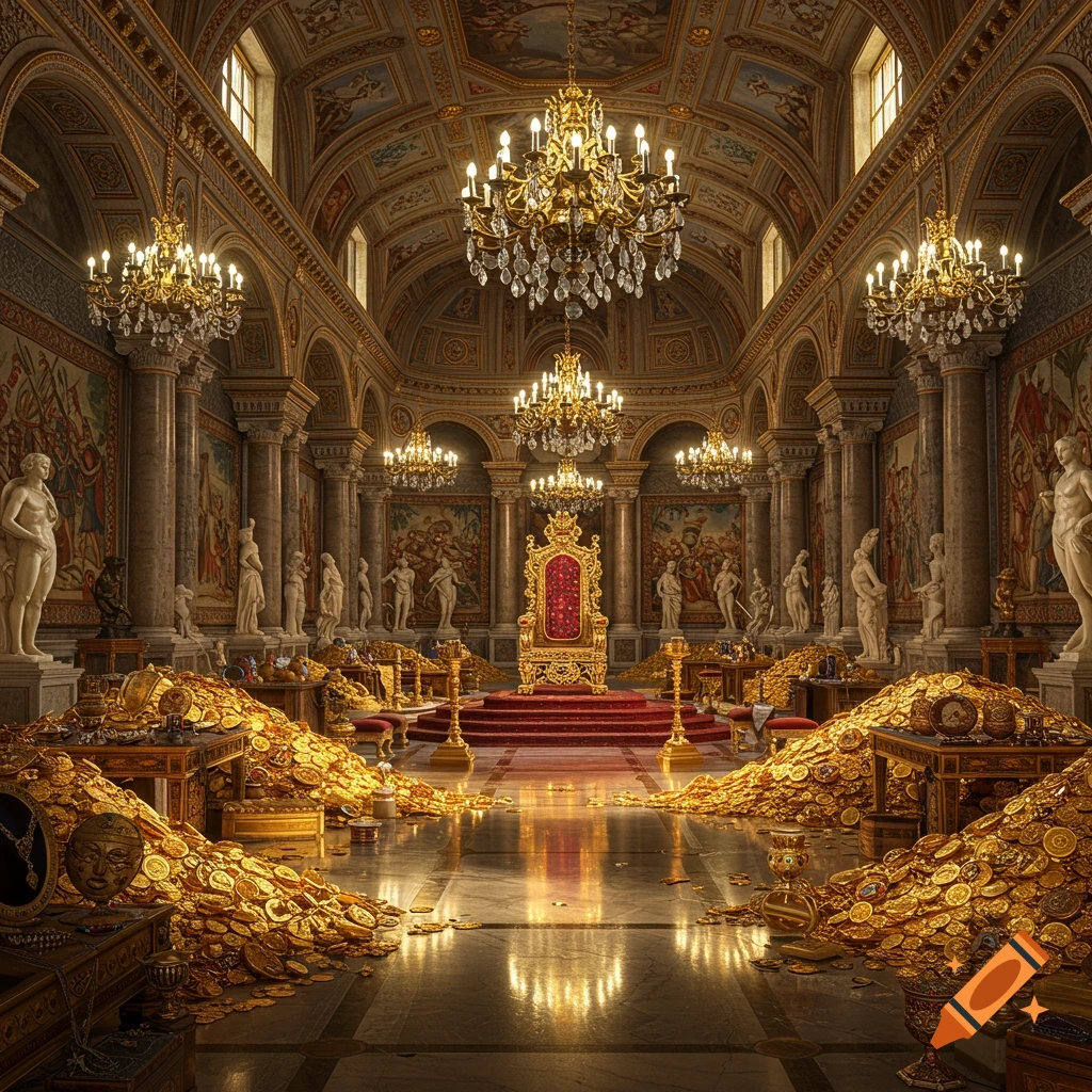 A lavish, gold-filled royal treasury room with a red throne on a dais, surrounded by piles of gold coins, ornate chandeliers, and classical statues.