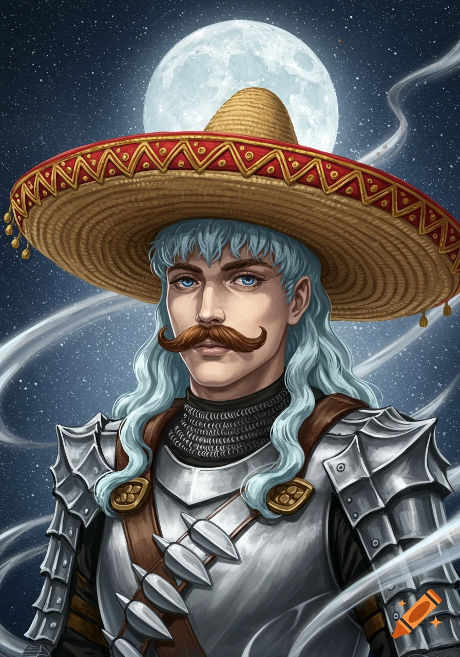 A portrait of Griffith from Berserk, with light blue hair, a mustache, wearing a sombrero and silver armor, against a starry night sky and full moon.