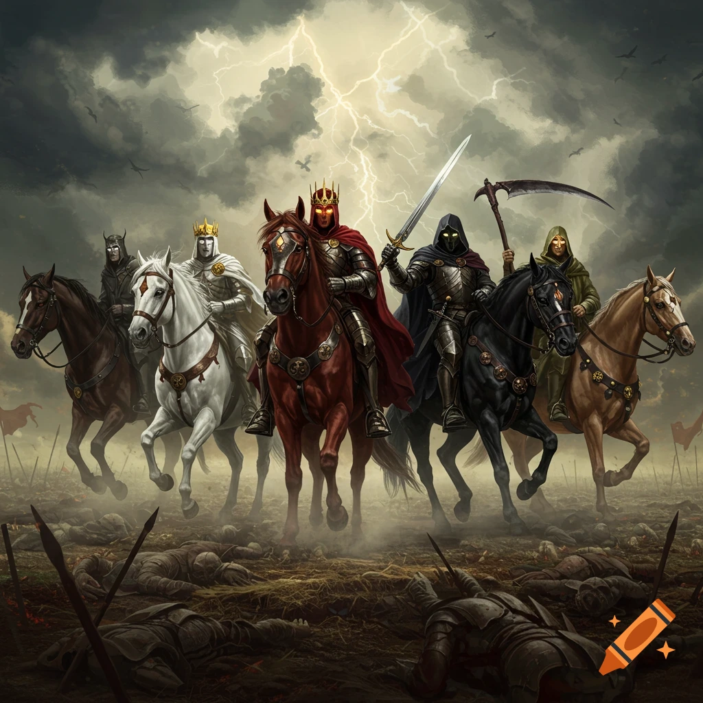Four armored horsemen ride across a dark battlefield littered with fallen soldiers under a stormy, lightning-filled sky, in dark fantasy art.