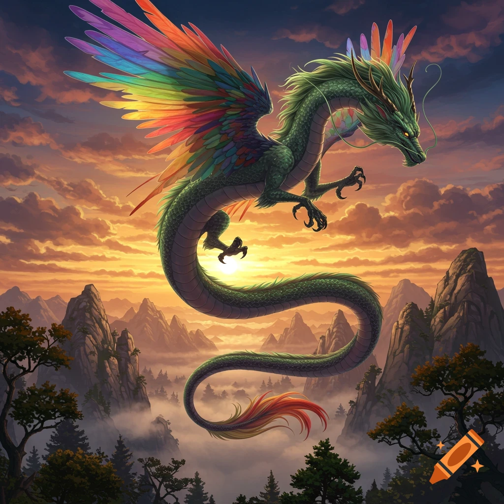 A majestic green dragon with vibrant rainbow wings and tail soars through a colorful sunset sky above misty mountains.