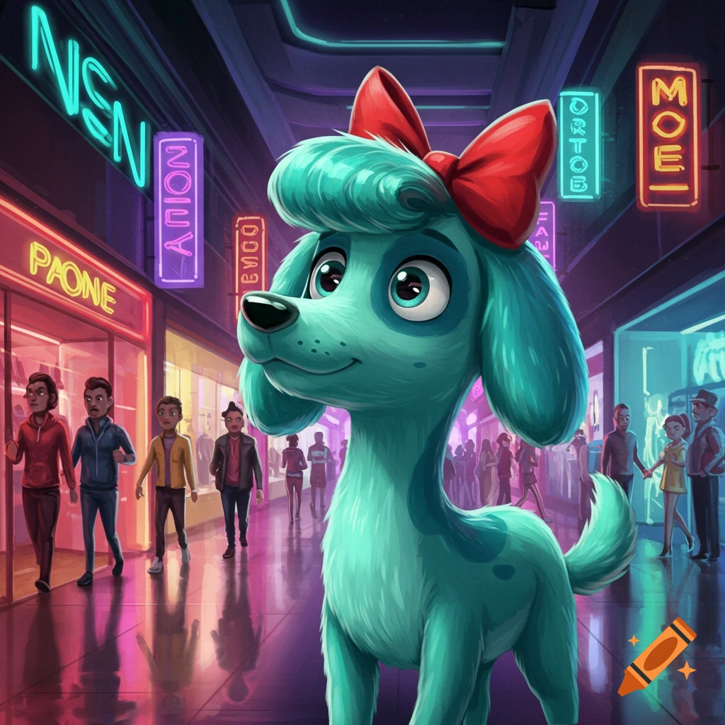 A cartoon turquoise dog with a red bow stands in a neon-lit street or mall, with blurred people in the background.