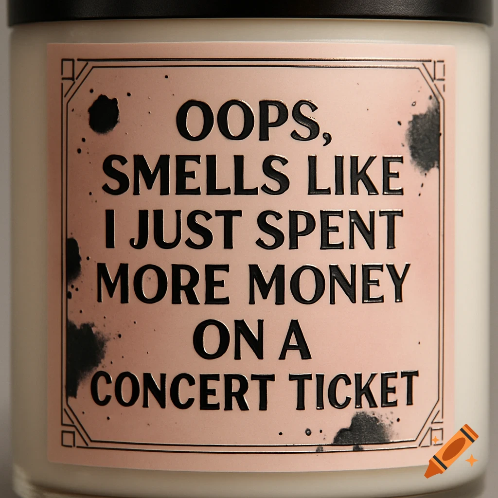 A close-up shot of a candle with a pink label that reads "OOPS, SMELLS LIKE I JUST SPENT MORE MONEY ON A CONCERT TICKET" in black letters.