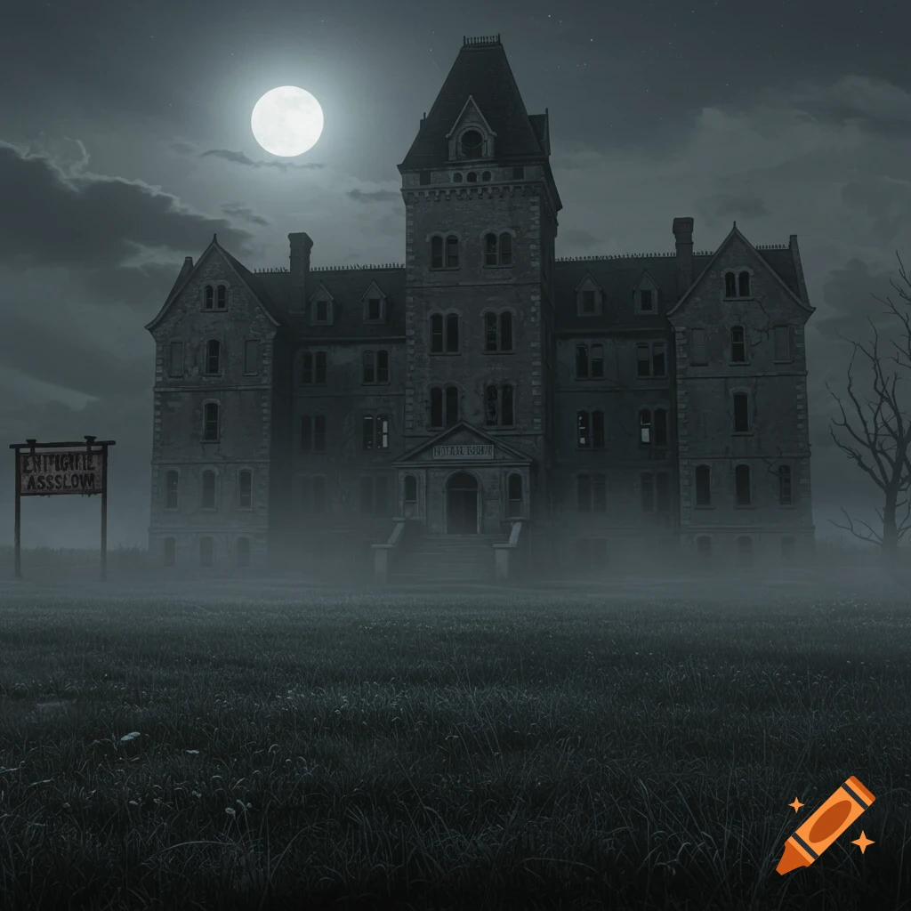 A full moon illuminates a spooky, old mental asylum shrouded in mist at night, with a prominent sign reading 'EMPIGIME ASSSLOW'.