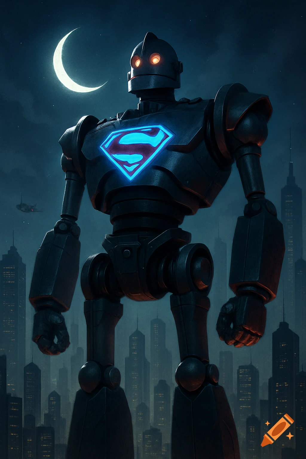 A towering Iron Giant-like robot with a glowing blue Superman logo on its chest stands in a city at night under a crescent moon.