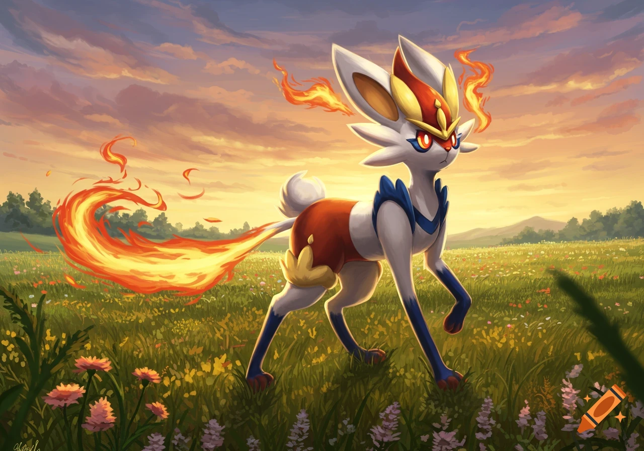 A Cinderace and Lopunny Pokémon fusion stands in a wildflower field under a sunset sky, with fiery elements around it.