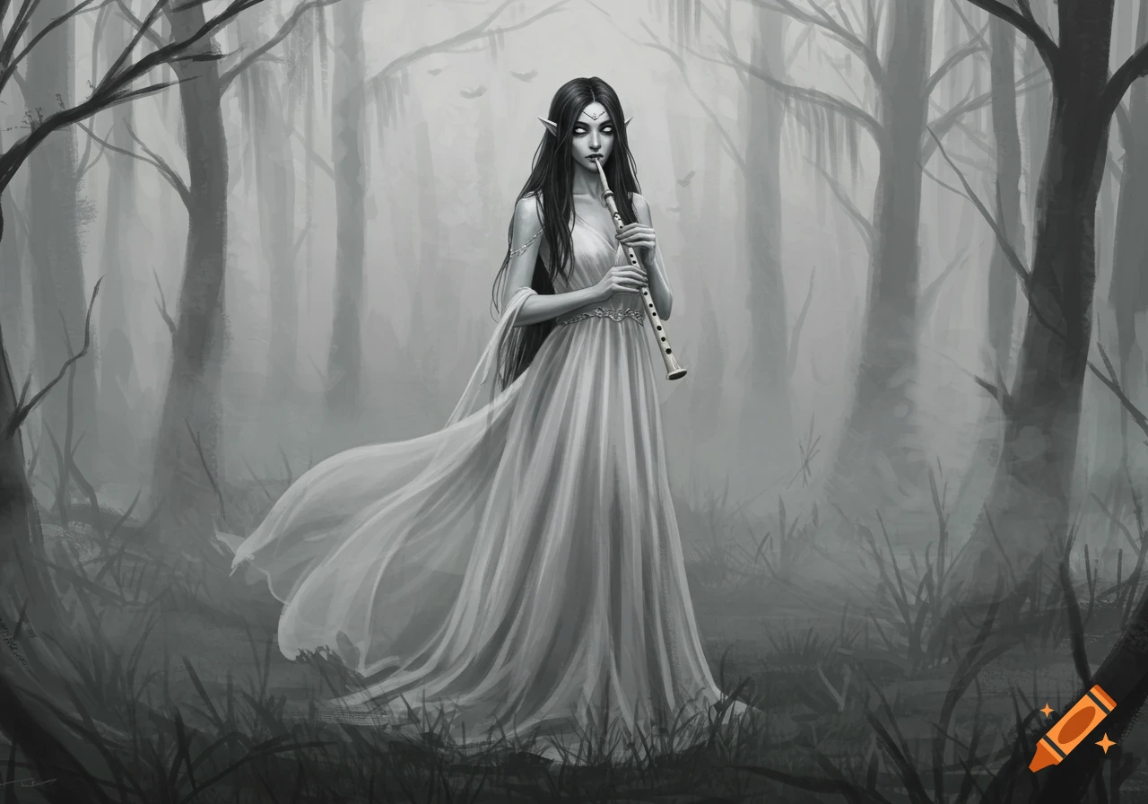 A grayscale fantasy illustration of an elf-like woman with long black hair and white eyes playing a bone flute in a misty, dark forest.