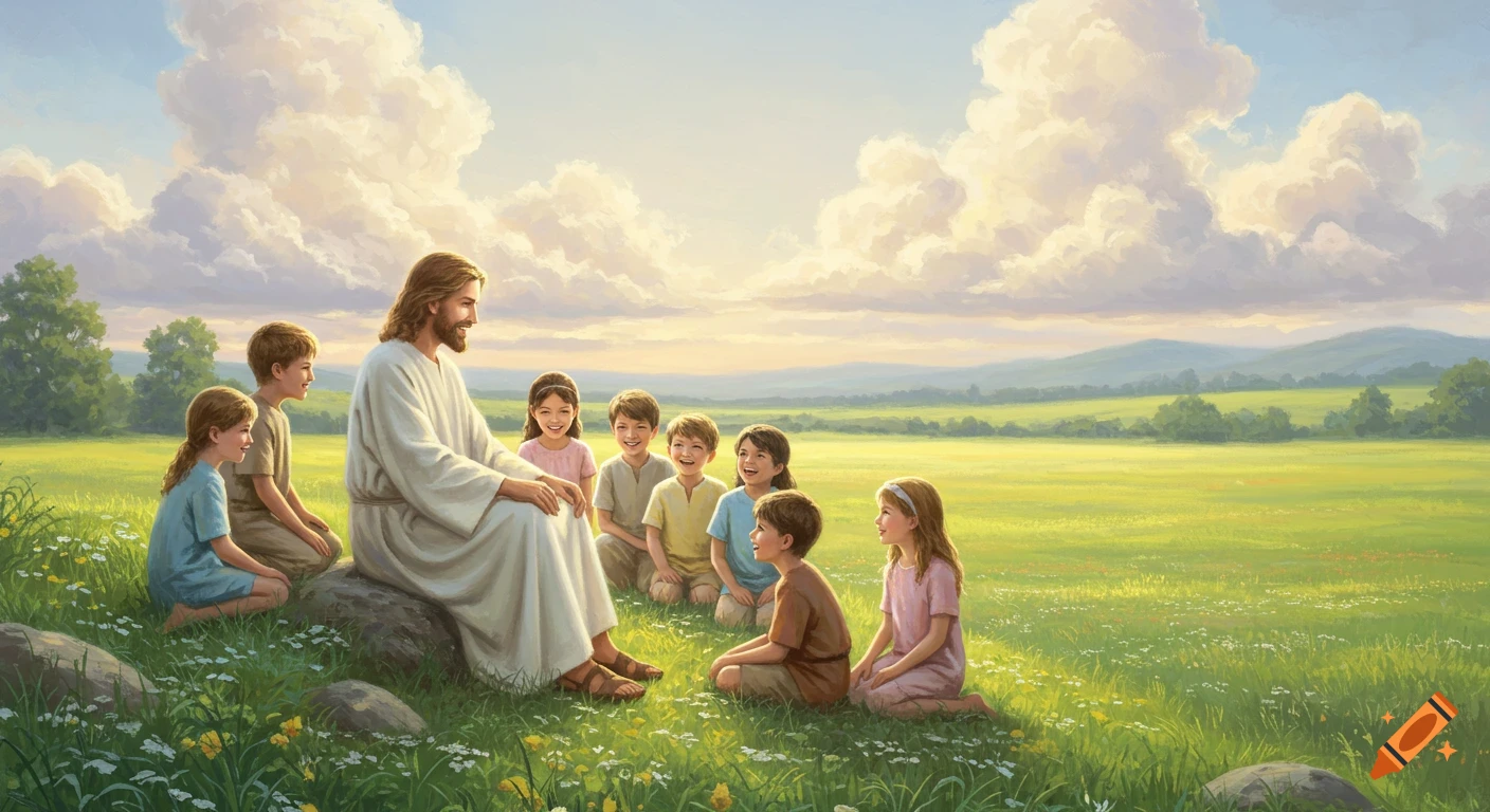 Jesus sits with children in a vibrant green field under a bright sky with large clouds and distant hills, painted style.