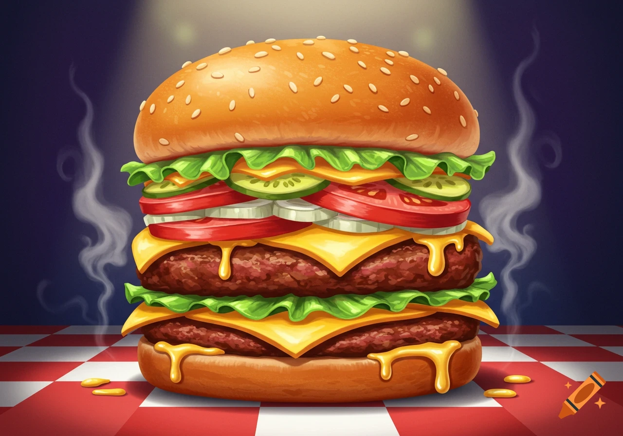 A cartoonish, large burger with multiple patties, melting cheese, lettuce, tomatoes, and onions on a red and white checkered table.