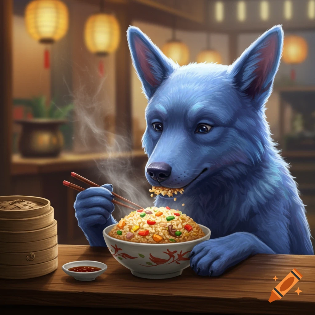 A blue furry dog uses chopsticks to eat a large bowl of steaming fried rice at a wooden table in an Asian restaurant setting.