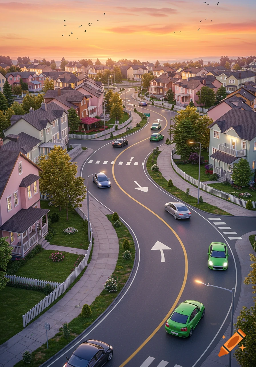 An aerial view of a winding road with cars in a suburban neighborhood at sunset.