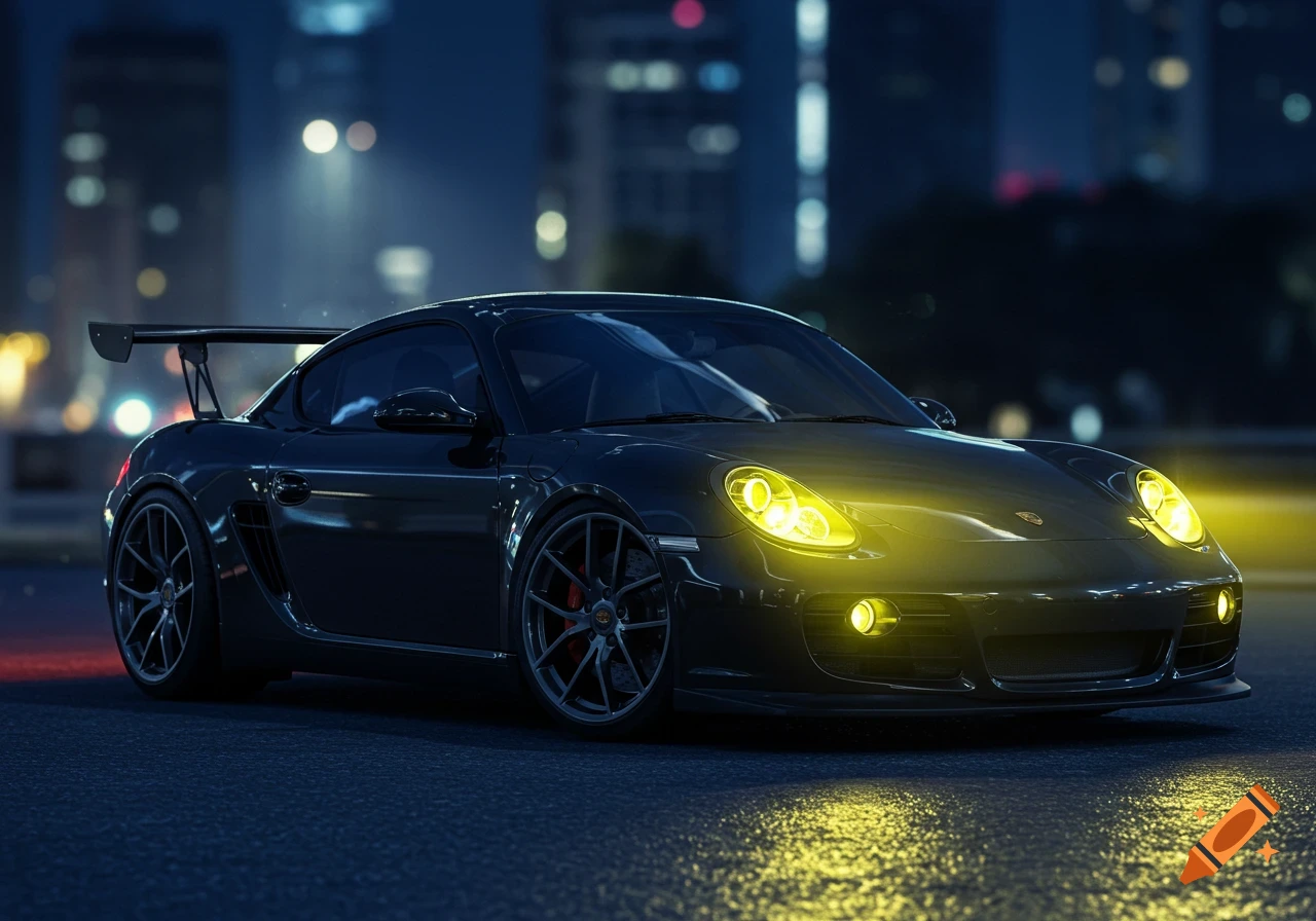 A black Porsche Cayman S with a wing and yellow headlights parked on a dark street at night.