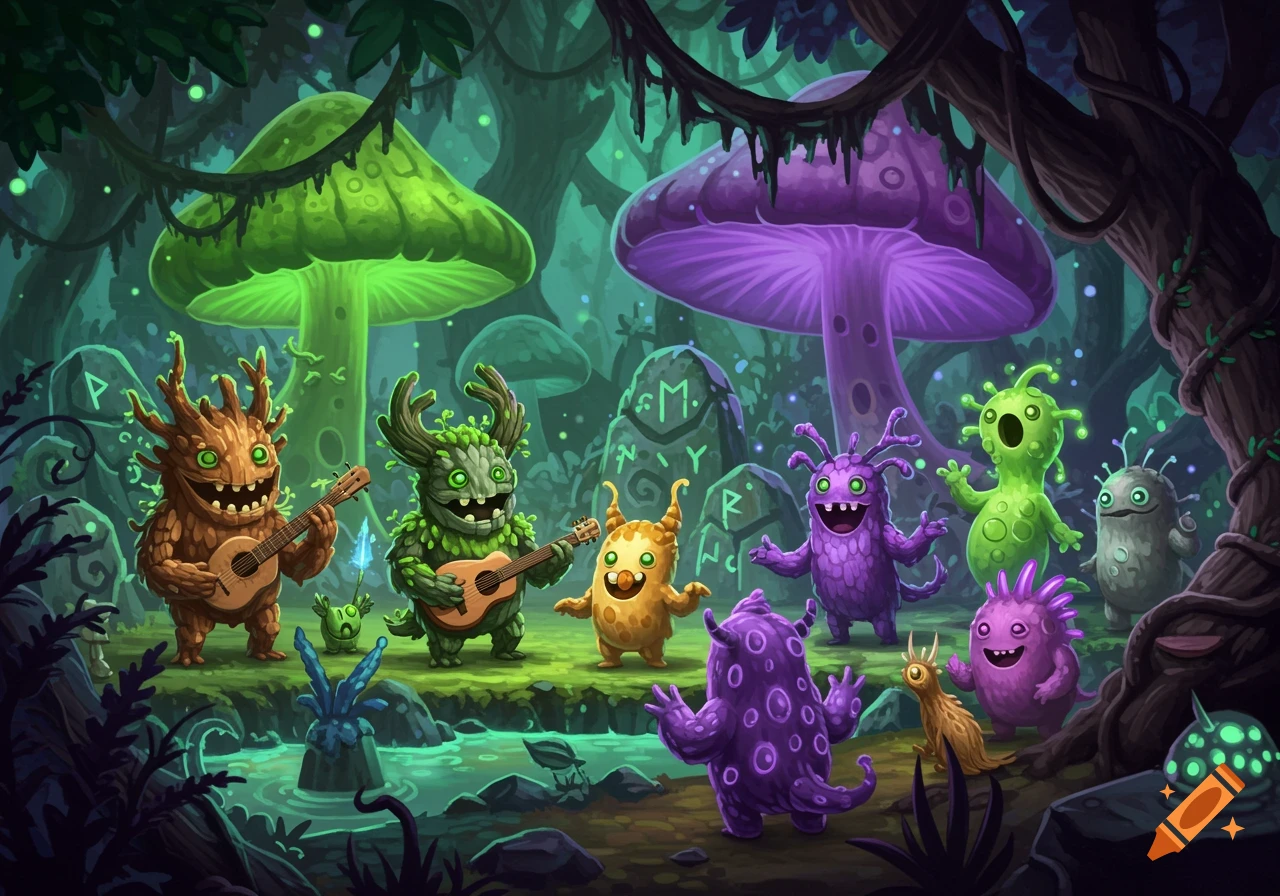 Colorful cartoon monsters playing ukuleles and dancing in a magical forest with glowing mushrooms and runes.
