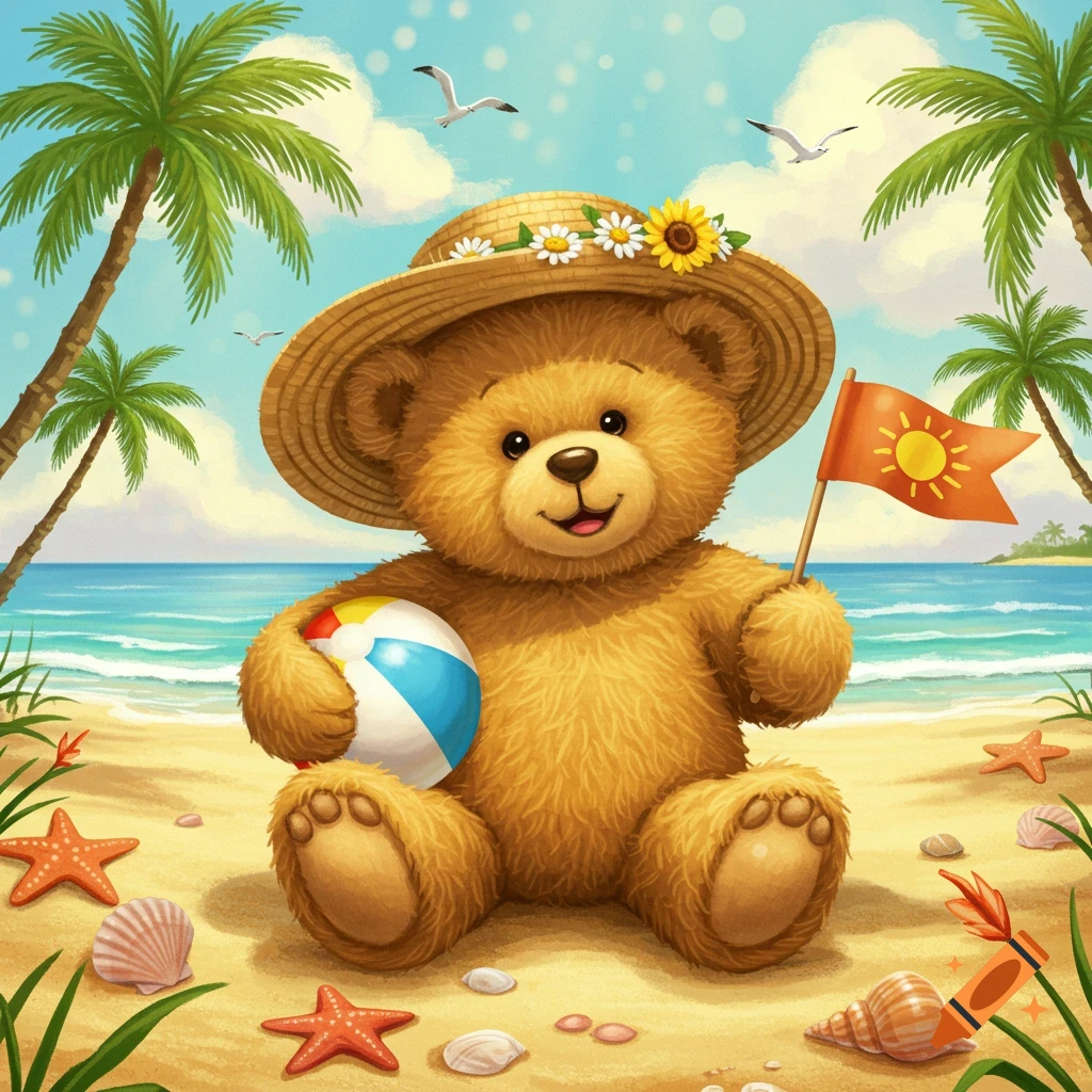 A cute cartoon teddy bear in a straw hat sitting on a sunny beach, holding a beach ball and a flag with a sun symbol.
