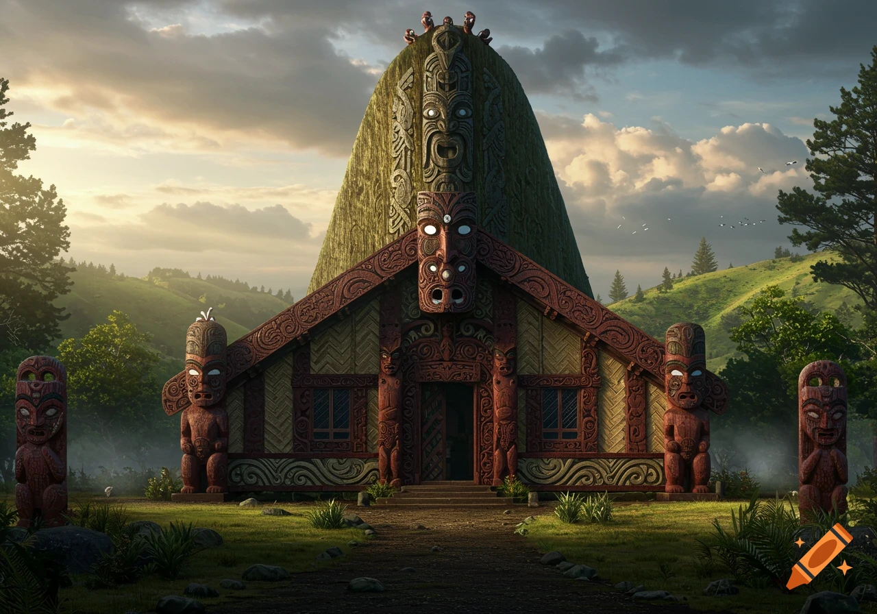 A grand Maori temple with intricate red carvings and totem statues, surrounded by lush green hills under a dramatic sky.