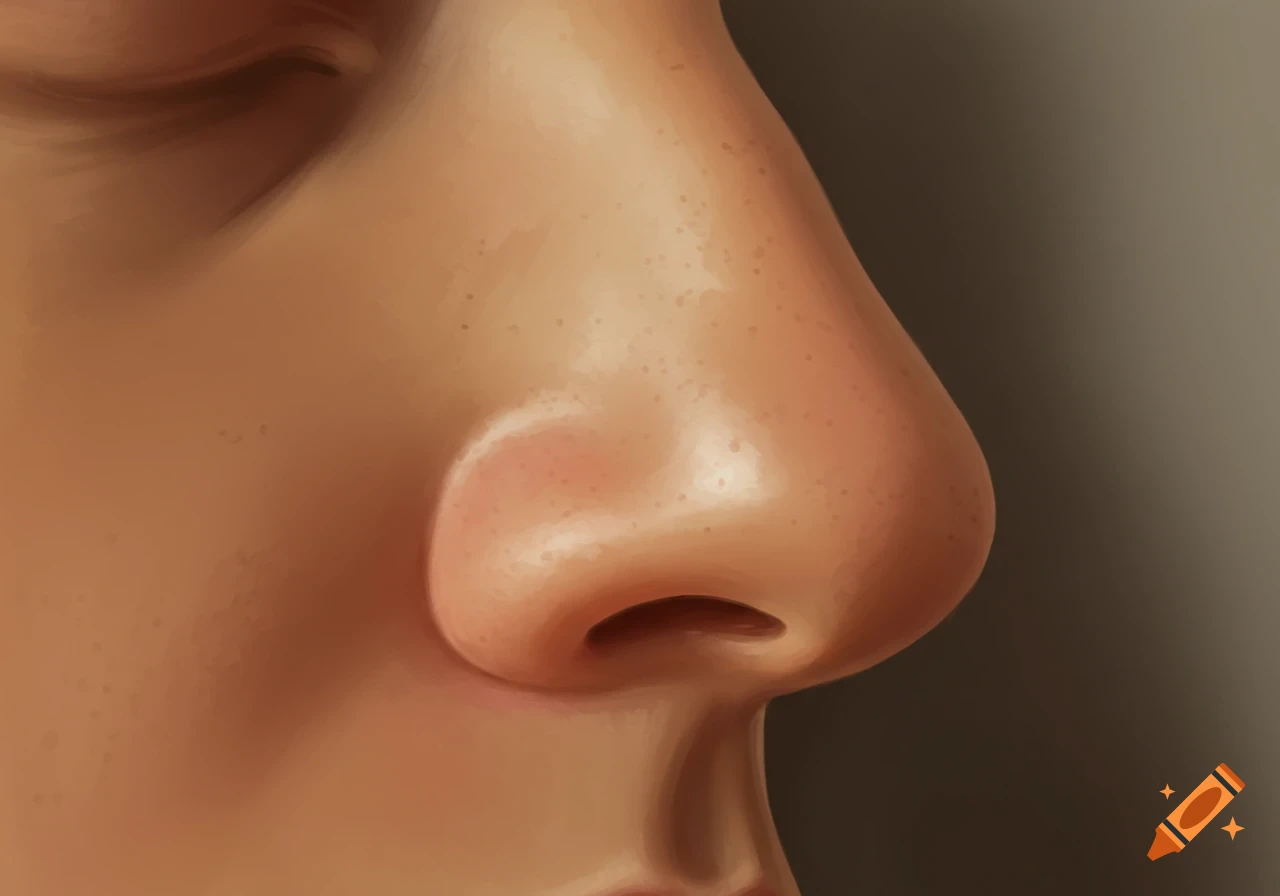 Close-up digital painting of a human nose in profile, featuring a bump on the bridge and a slightly drooping tip.