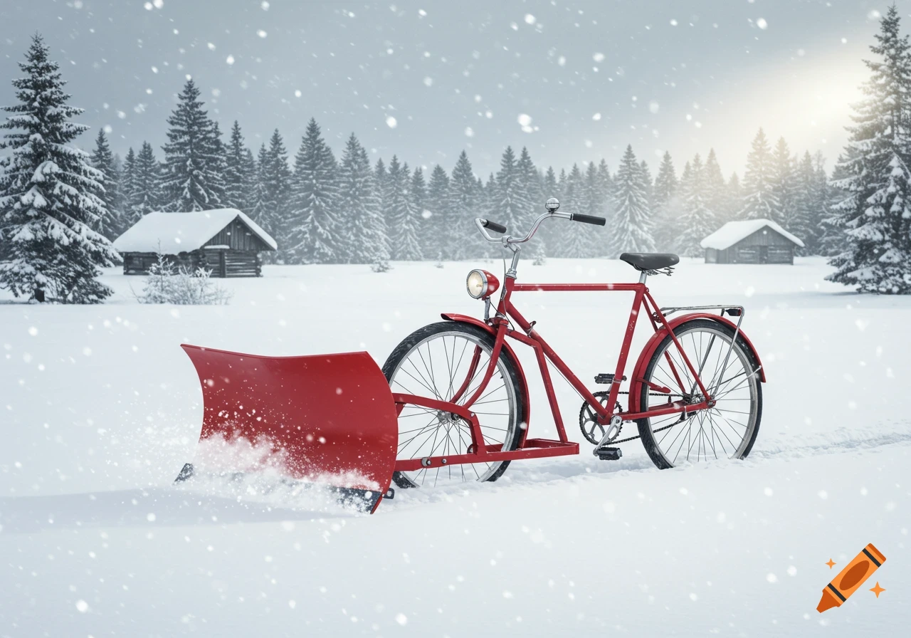 A red bicycle with a snow plow clears a path through deep snow in a winter forest scene with cabins and falling snow.