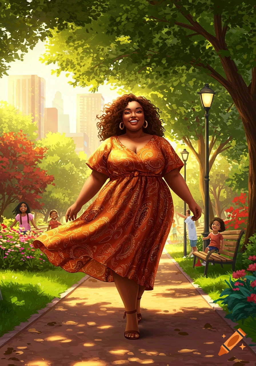 A happy, curvy Black woman in an orange dress walks confidently through a sunny, vibrant park with city buildings in the background.