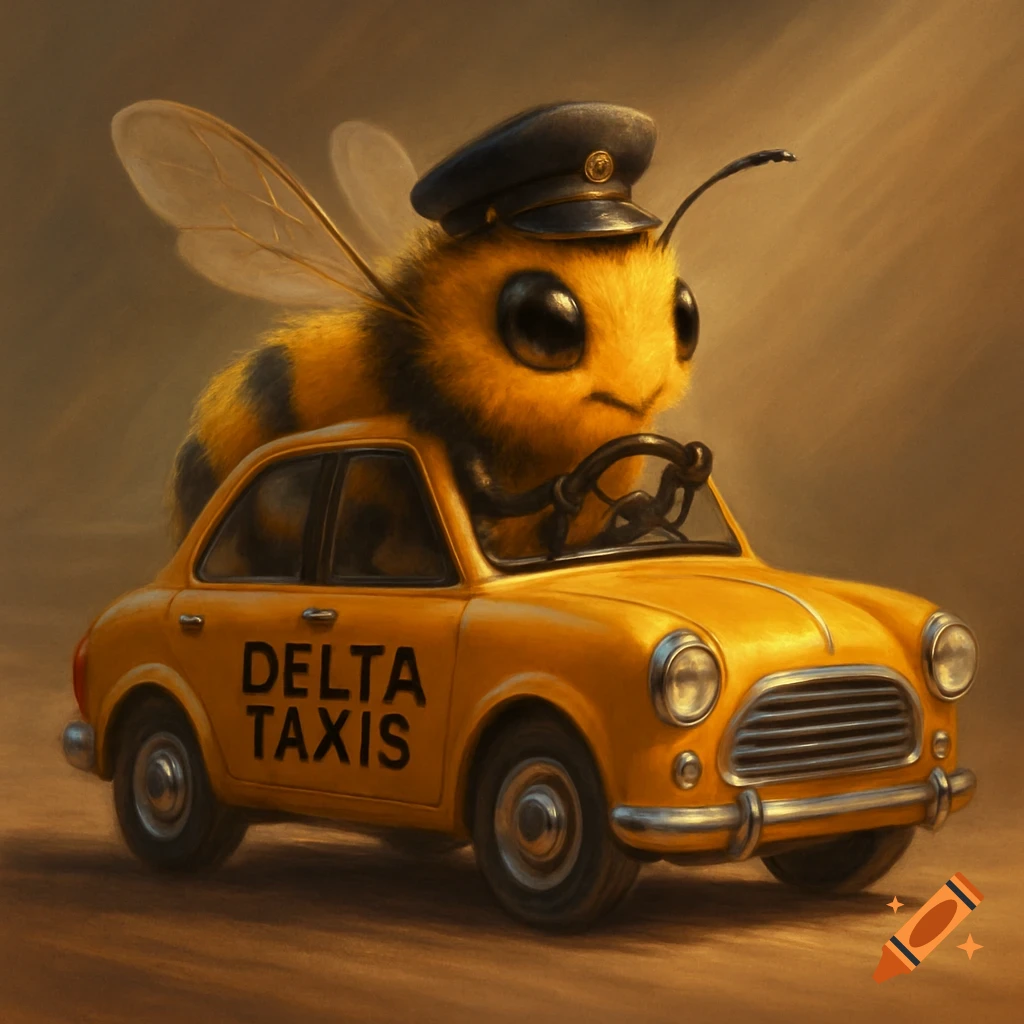 A cute, fluffy bee wearing a driver's cap drives a yellow cartoon-style taxi with 'DELTA TAXIS' written on its side.
