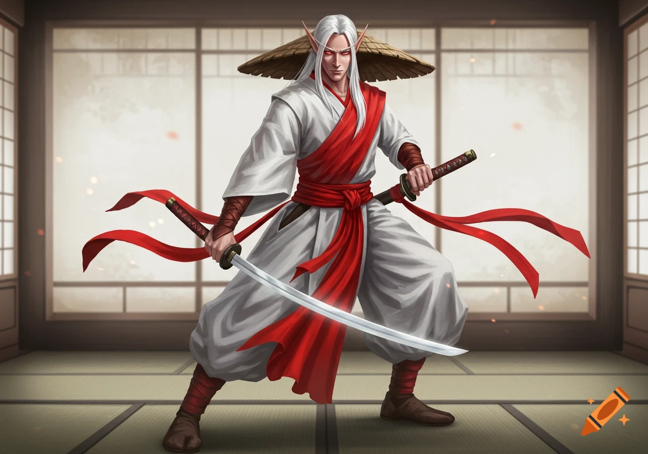 An elven monk with white hair and red eyes, wearing a white robe and red sashes, stands in a Japanese room wielding a katana.