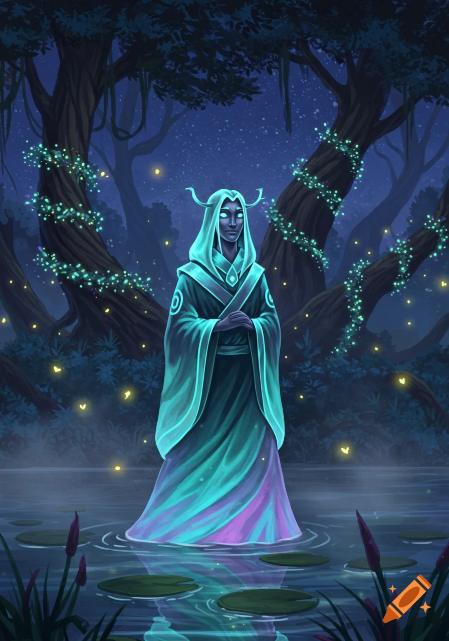 A glowing hooded figure with horns and glowing eyes stands in a moonlit swamp with glowing trees and fireflies, digital illustration.